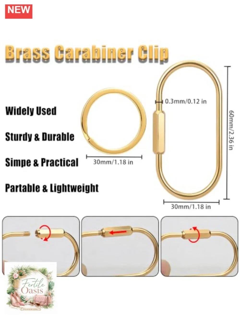 Solid Brass Screw Lock Keychain Carabiner Clip for Keys Bag Charm